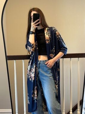 Vintage Navy Floral Kimono Cardigan Duster Boho Open Front Maxi Cover Up